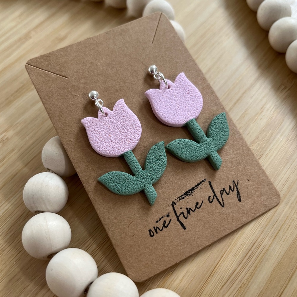 Tulip Flower Clay Dangle Earrings in Pink & Green